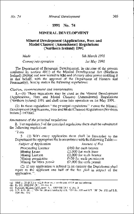 The Mineral Development (Applications Fees and Model Clauses) (Amendment) Regulations (Northern Ireland) 1991