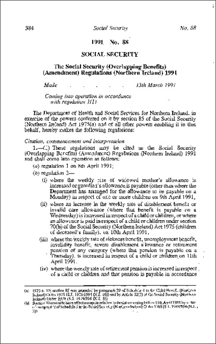 The Social Security (Overlapping Benefits) (Amendment) Regulations (Northern Ireland) 1991