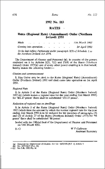 The Rates (Regional Rate) (Amendment) Order (Northern Ireland) 1992