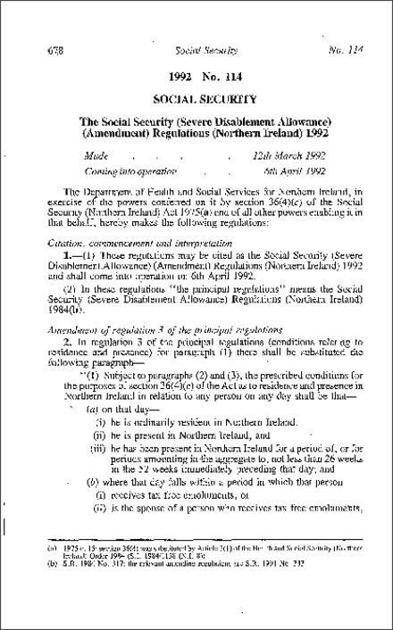 The Social Security (Severe Disablement Allowance) (Amendment) Regulations (Northern Ireland) 1992