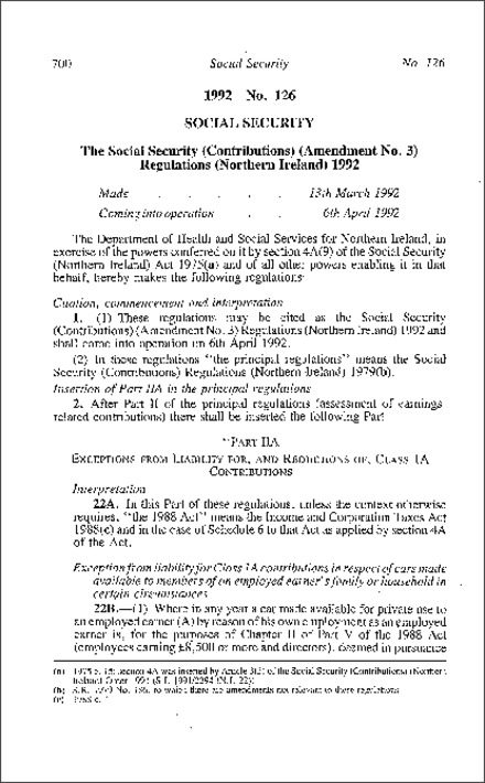 The Social Security (Contributions) (Amendment No. 3) Regulations (Northern Ireland) 1992