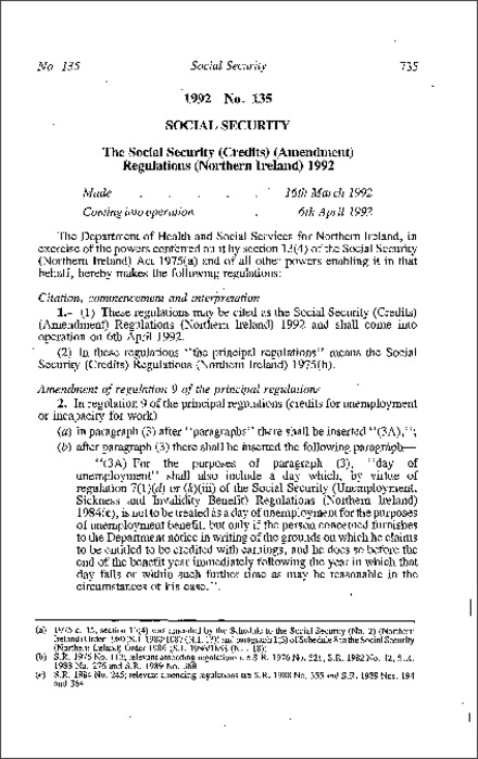The Social Security (Credits) (Amendment) Regulations (Northern Ireland) 1992