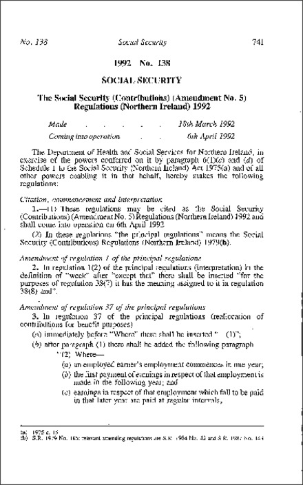 The Social Security (Contributions) (Amendment No. 5) Regulations (Northern Ireland) 1992