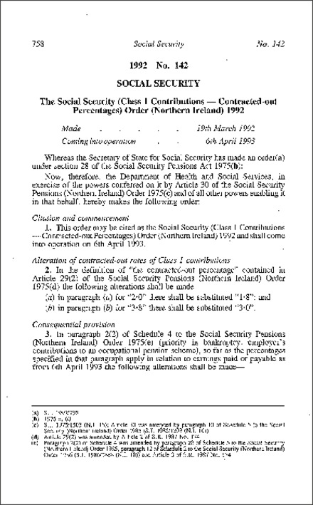 The Social Security (Class 1 Contributions-Contracted-out Percentages) Order (Northern Ireland) 1992