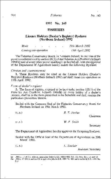 The Licence Holders (Dealers' Register) Byelaws (Northern Ireland) 1992