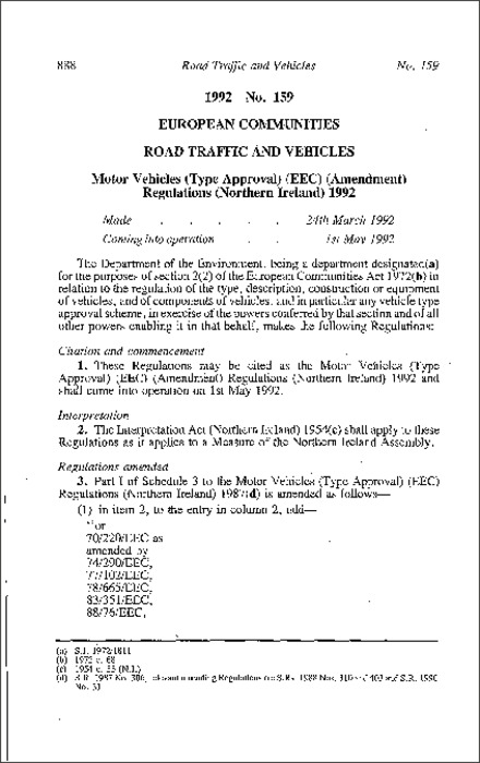 The Motor Vehicles (Type Approval) (EEC) (Amendment) Regulations (Northern Ireland) 1992