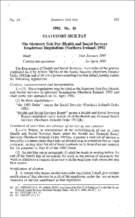 The Statutory Sick Pay (Health and Social Services Employees) Regulations (Northern Ireland) 1992