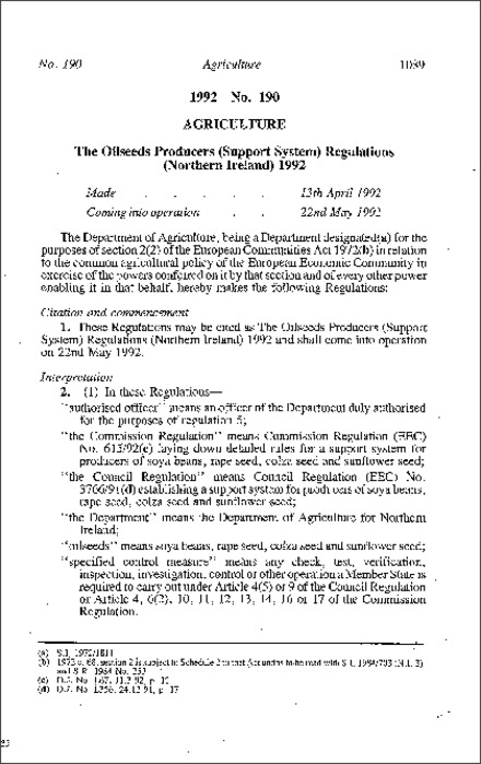 The Oilseeds Producers (Support System) Regulations (Northern Ireland) 1992