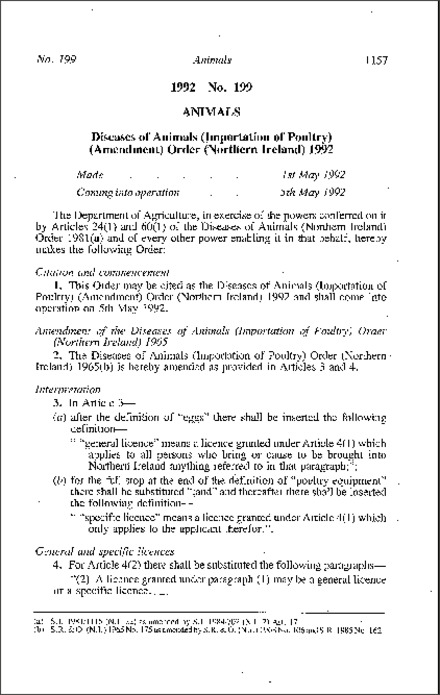 The Diseases of Animals (Importation of Poultry) (Amendment) Order (Northern Ireland) 1992