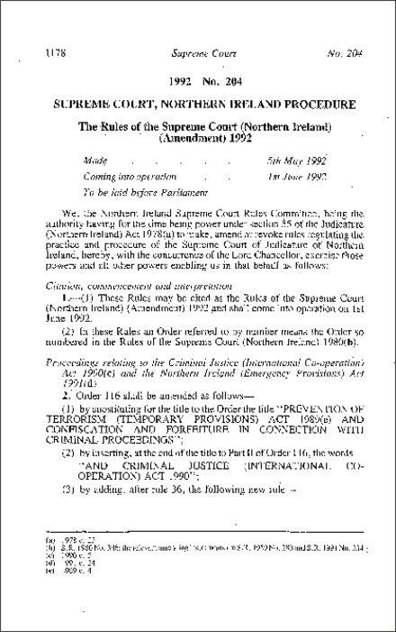The Rules of the Supreme Court (Northern Ireland) (Amendment) (Northern Ireland) 1992