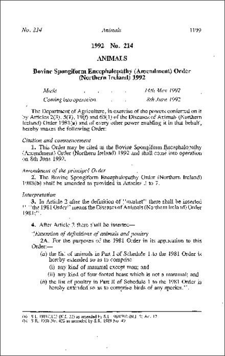 The Bovine Spongiform Encephalopathy (Amendment) Order (Northern Ireland) 1992