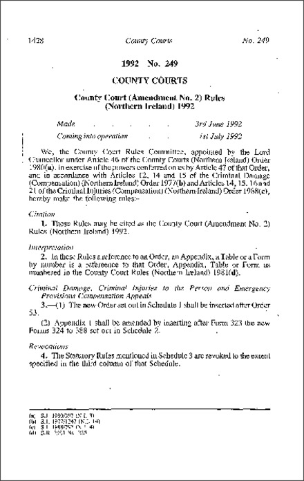 The County Court (Amendment No. 2) Rules (Northern Ireland) 1992