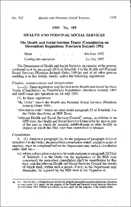 The Health and Social Services Trusts (Consultation on Dissolution) Regulations (Northern Ireland) 1992