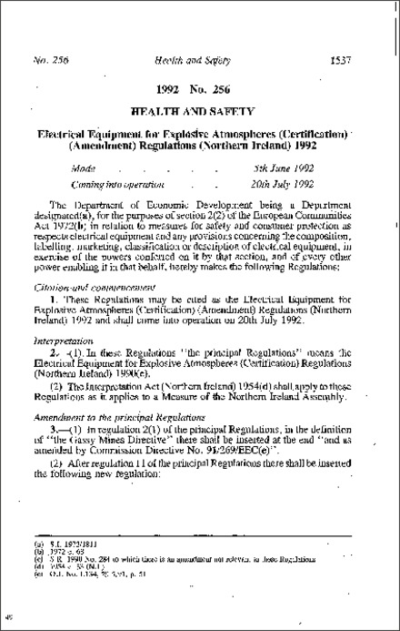 The Electrical Equipment for Explosive Atmospheres (Certification) (Amendment) Regulations (Northern Ireland) 1992