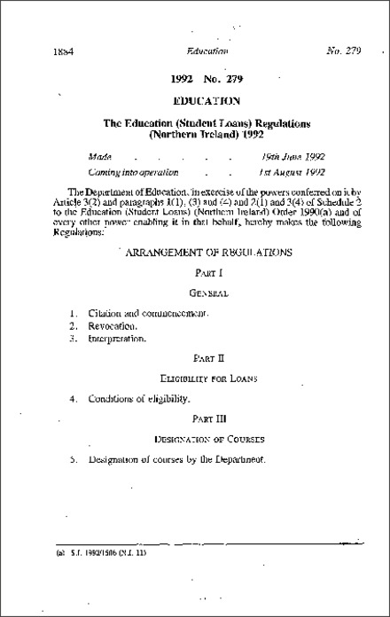 The Education (Student Loans) Regulations (Northern Ireland) 1992