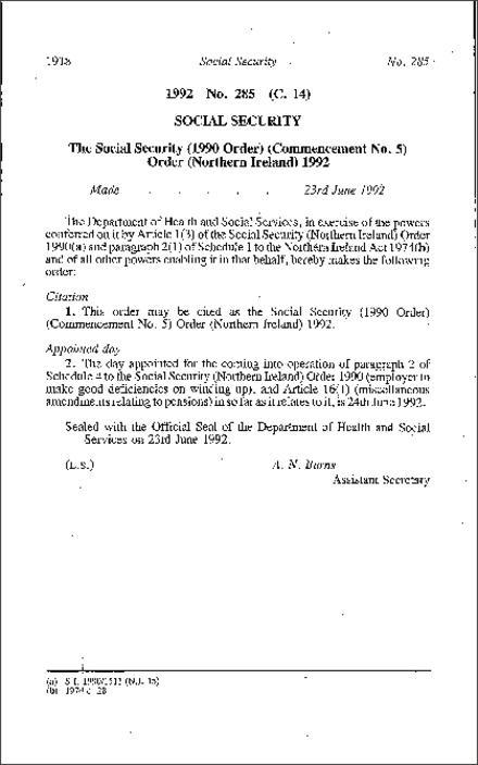 The Social Security (1990 Order) (Commencement No. 5) Order (Northern Ireland) 1992