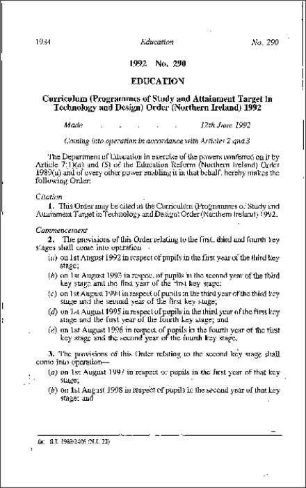 The Curriculum (Programmes of Study and Attainment Targets in Technology and Design) Order (Northern Ireland) 1992