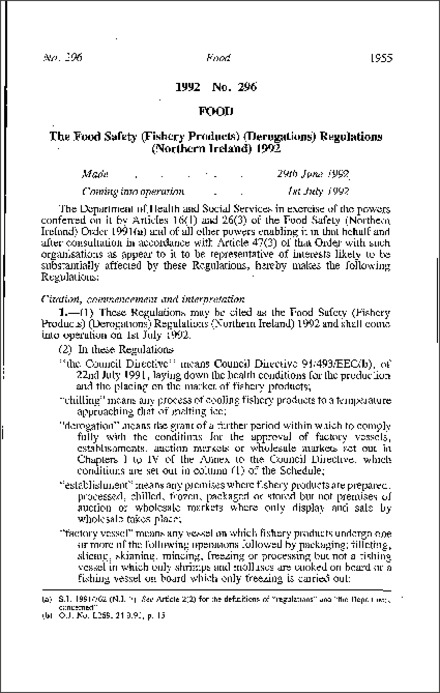 The Food Safety (Fishery Products) (Derogations) Regulations (Northern Ireland) 1992