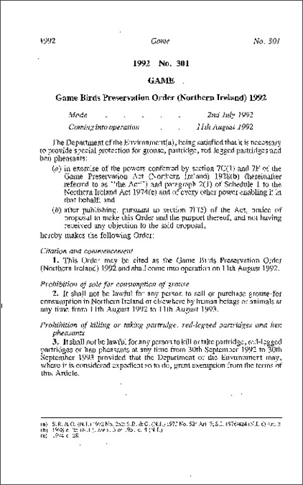 The Game Birds Preservation Order (Northern Ireland) 1992