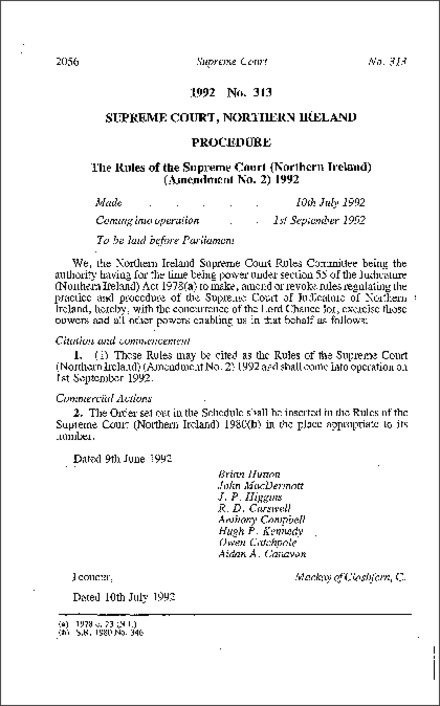 The Rules of the Supreme Court (Northern Ireland) (Amendment No. 2) (Northern Ireland) 1992