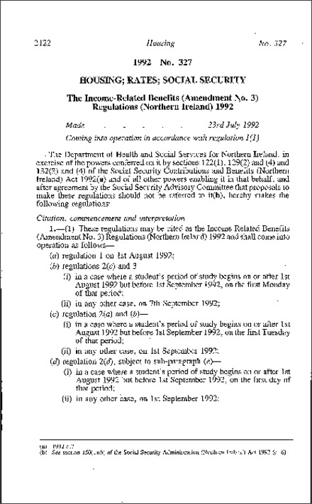 The Income-Related Benefits (Amendment No. 3) Regulations (Northern Ireland) 1992