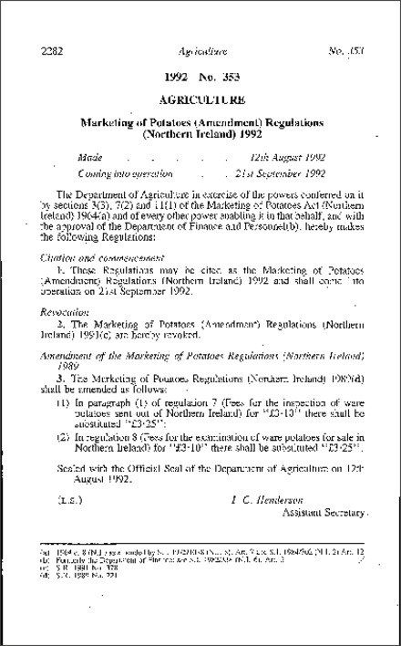 The Marketing of Potatoes (Amendment) Regulations (Northern Ireland) 1992