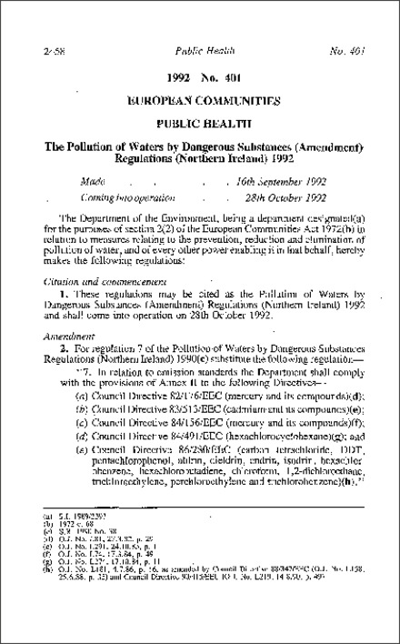 The Pollution of Waters by Dangerous Substances (Amendment) Regulations (Northern Ireland) 1992