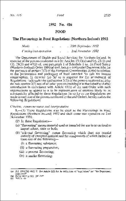 The Flavourings in Food Regulations (Northern Ireland) 1992
