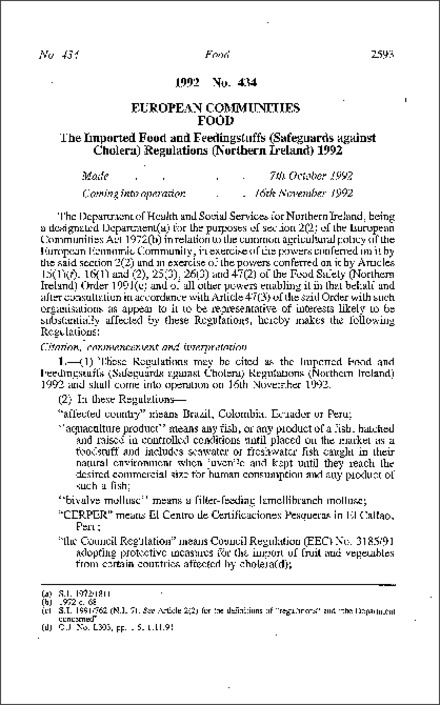 The Imported Food and Feedingstuffs (Safeguards against Cholera) Regulations (Northern Ireland) 1992