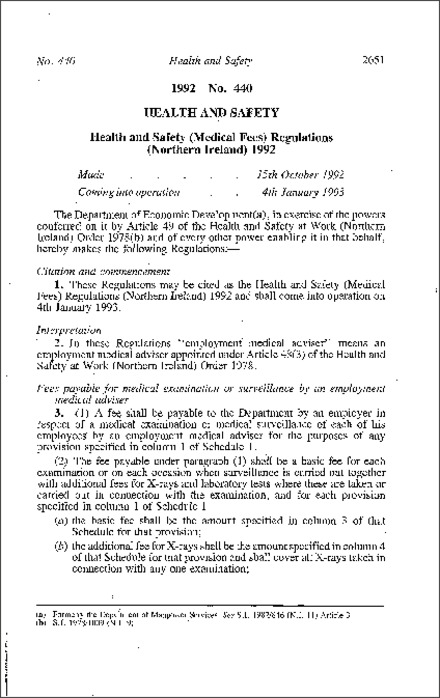 The Health and Safety (Medical Fees) Regulations (Northern Ireland) 1992