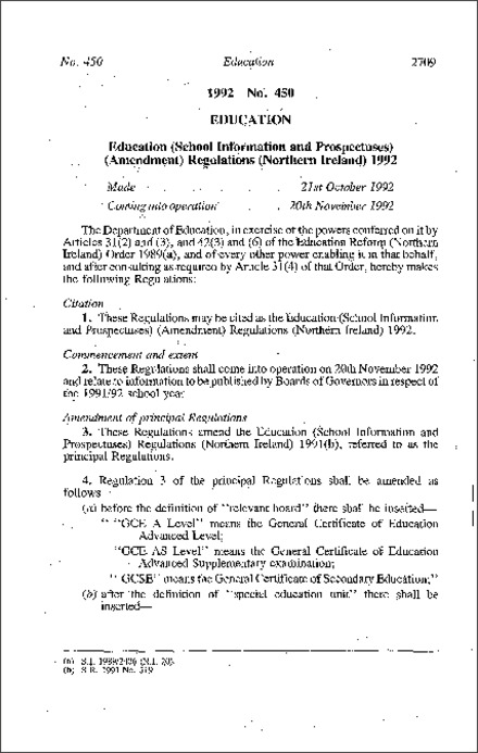The Education (School Information and Prospectuses) (Amendment) Regulations (Northern Ireland) 1992
