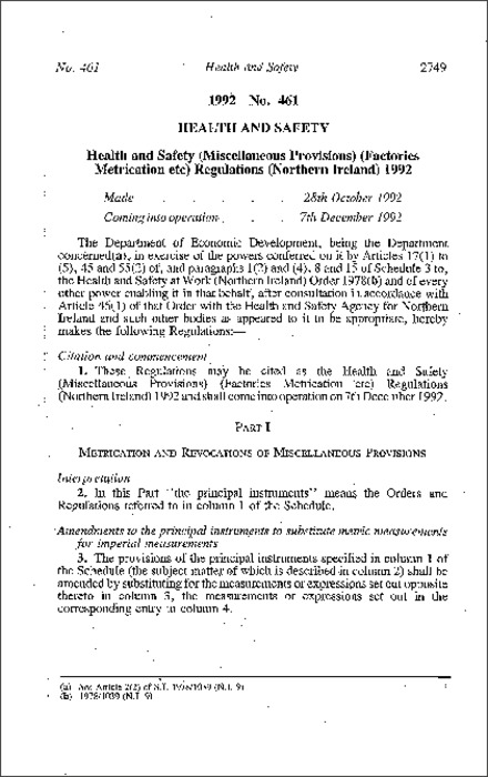 The Health and Safety (Miscellaneous Provisions) (Factories Metrication etc.) Regulations (Northern Ireland) 1992