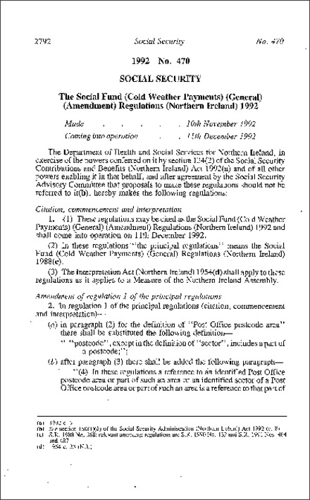 The Social Fund (Cold Weather Payments) (General) (Amendment) Regulations (Northern Ireland) 1992