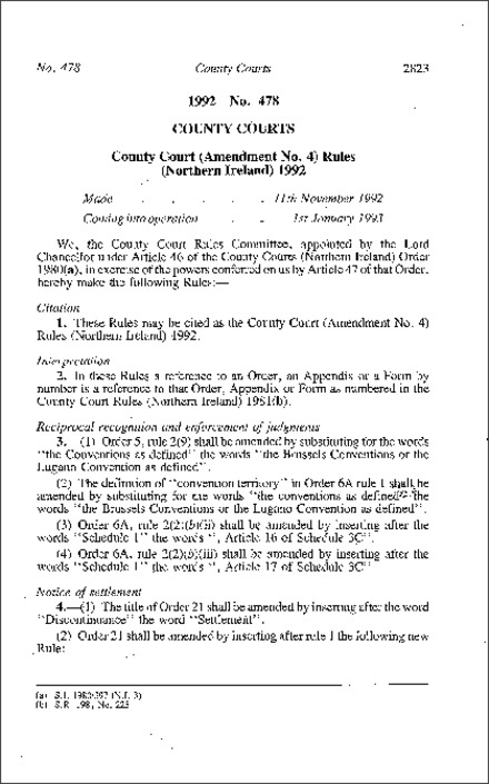 The County Court (Amendment No. 4) Rules (Northern Ireland) 1992