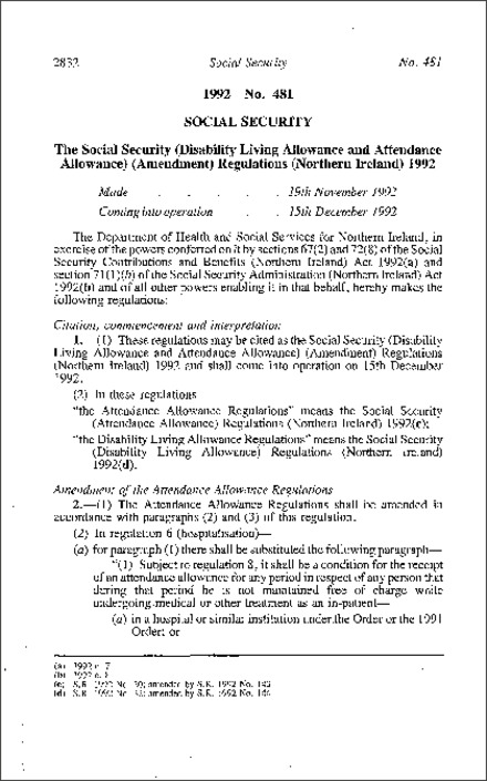 The Social Security (Disability Living Allowance and Attendance Allowance) (Amendment) Regulations (Northern Ireland) 1992