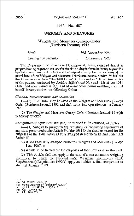 The Weights and Measures (Jersey) Order (Northern Ireland) 1992