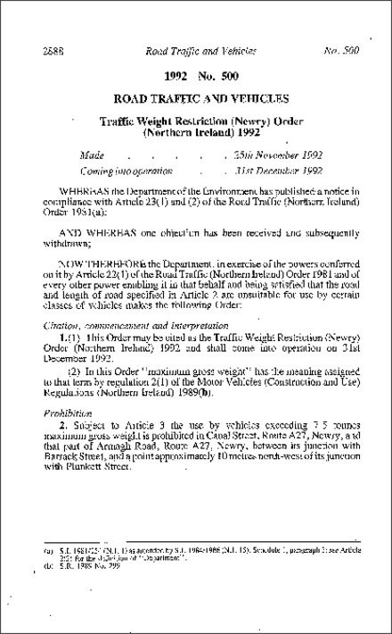 The Traffic Weight Restriction (Newry) Order (Northern Ireland) 1992