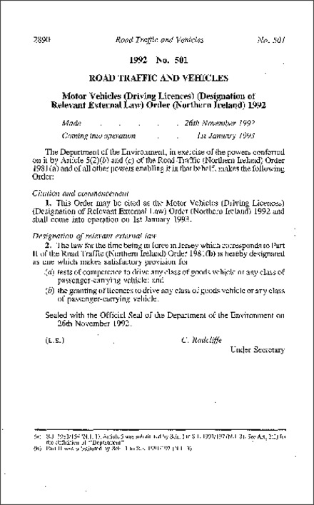 The Motor Vehicles (Driving Licences) (Designation of Relevant External Law) Order (Northern Ireland) 1992