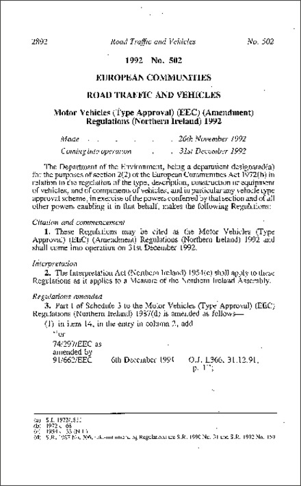 The Motor Vehicles (Type Approval) (EEC) (Amendment) Regulations (Northern Ireland) 1992