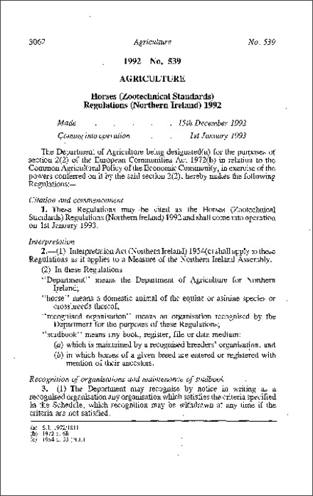The Horses (Zootechnical Standards) Regulations (Northern Ireland) 1992
