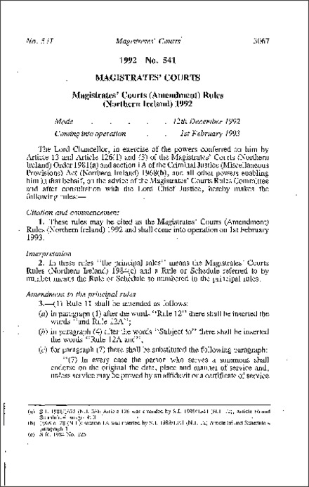 The Magistrates Courts (Amendment) Rules (Northern Ireland) 1992