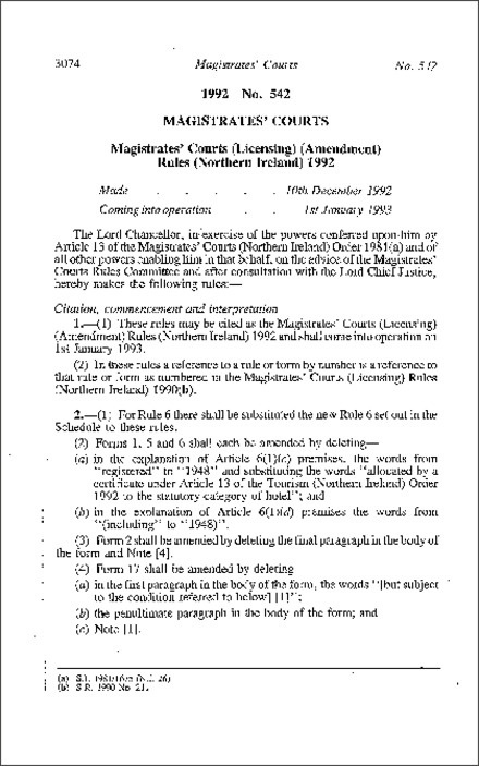 The Magistrates Courts (Licensing) (Amendment) Rules (Northern Ireland) 1992