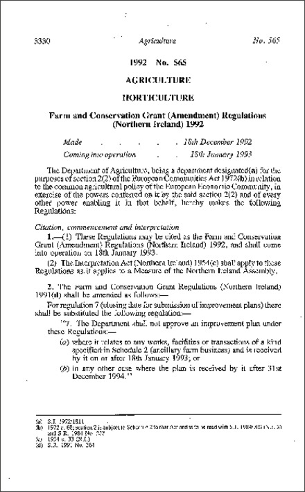The Farm and Conservation Grant (Amendment) Regulations (Northern Ireland) 1992