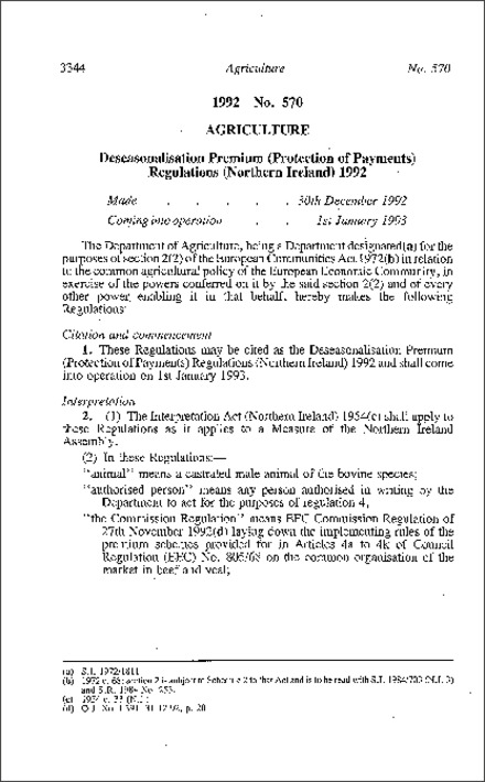 The Deseasonalisation Premium (Protection of Payments) Regulations (Northern Ireland) 1992
