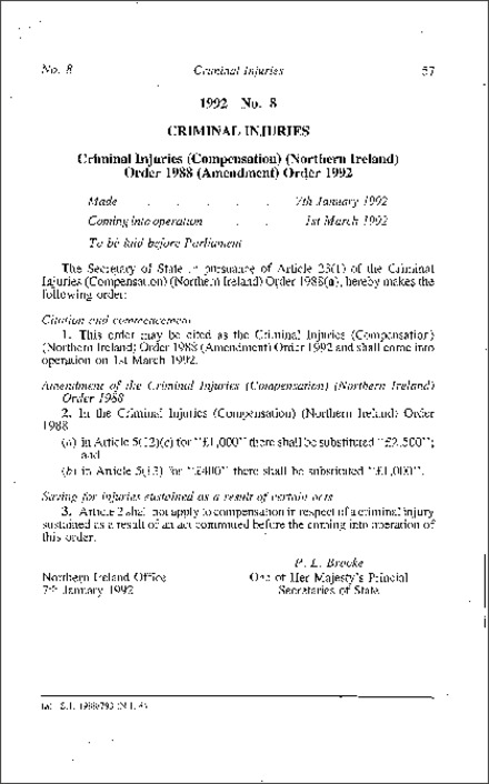 The Criminal Injuries (Compensation) (Northern Ireland) Order 1988 (Amendment) Order (Northern Ireland) 1992