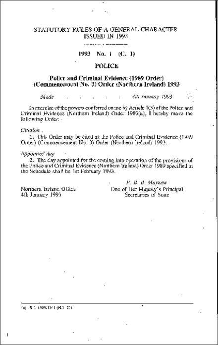 The Police and Criminal Evidence (1989 Order) (Commencement No. 3) Order (Northern Ireland) 1993