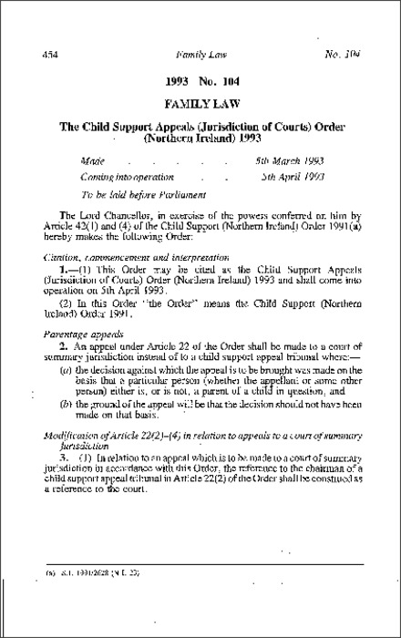 The Child Support Appeals (Jurisdiction of Courts) Order (Northern Ireland) 1993