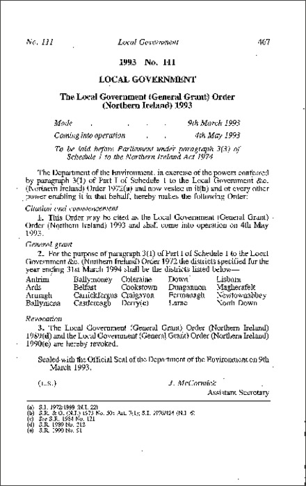 The Local Government (General Grant) Order (Northern Ireland) 1993