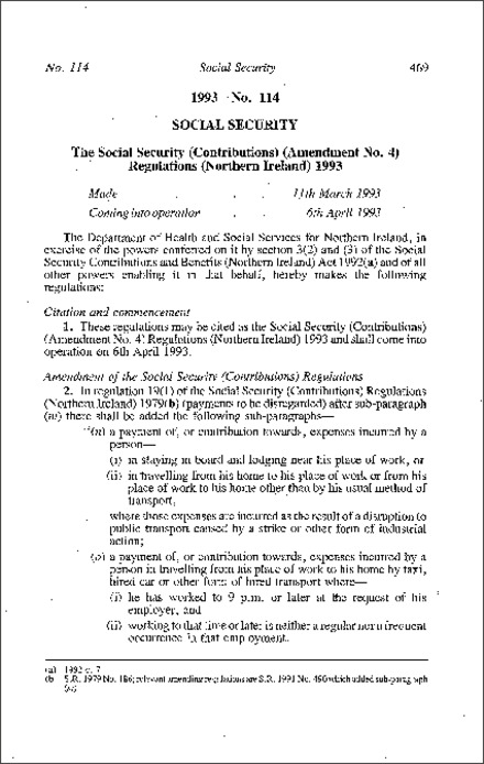 The Social Security (Contributions) (Amendment No. 4) Regulations (Northern Ireland) 1993