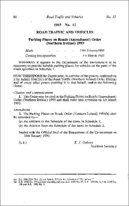 The Parking Places on Roads (Amendment) Order (Northern Ireland) 1993